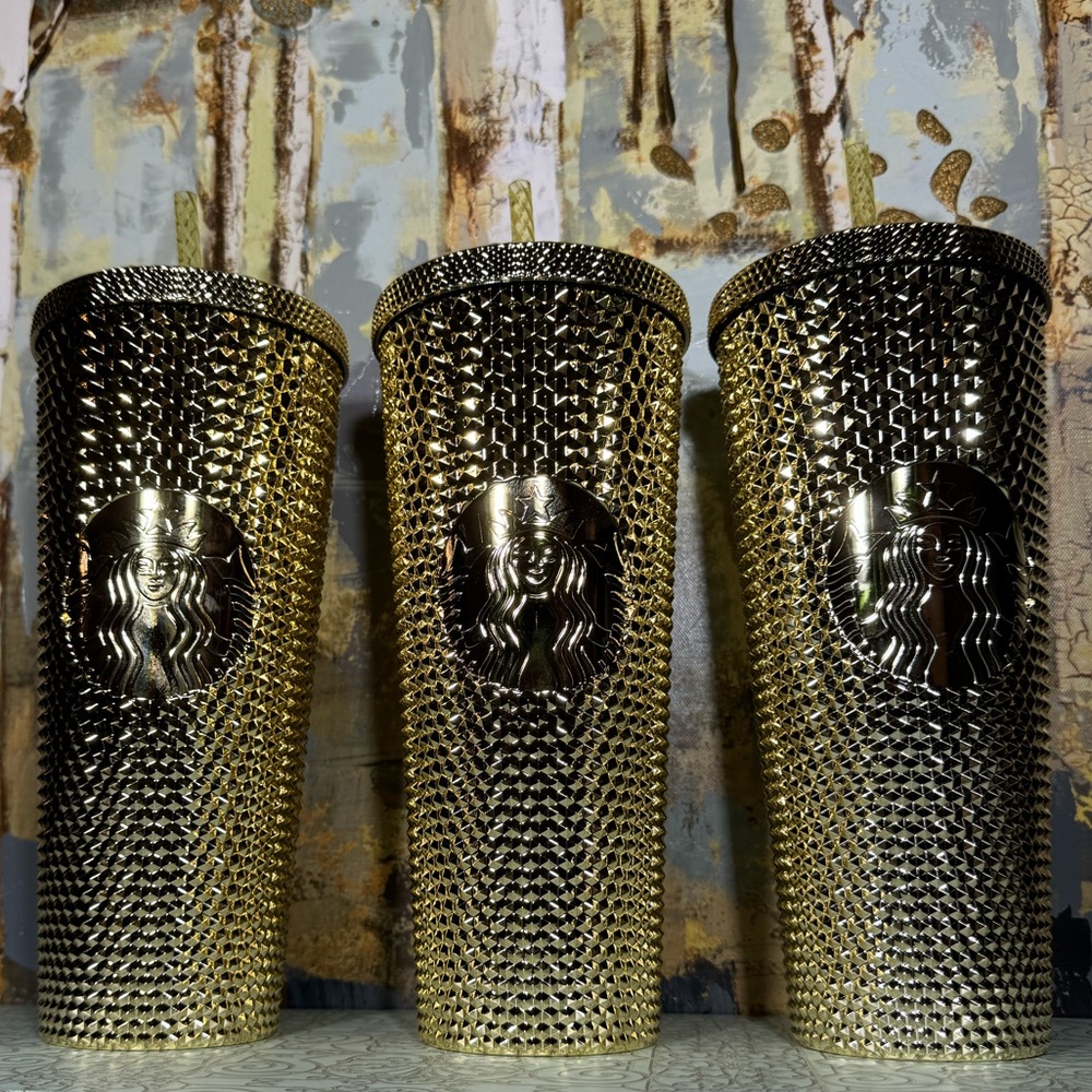 Starbucks Metallic Gold Chrome Studded Bling Tumbler Bundle